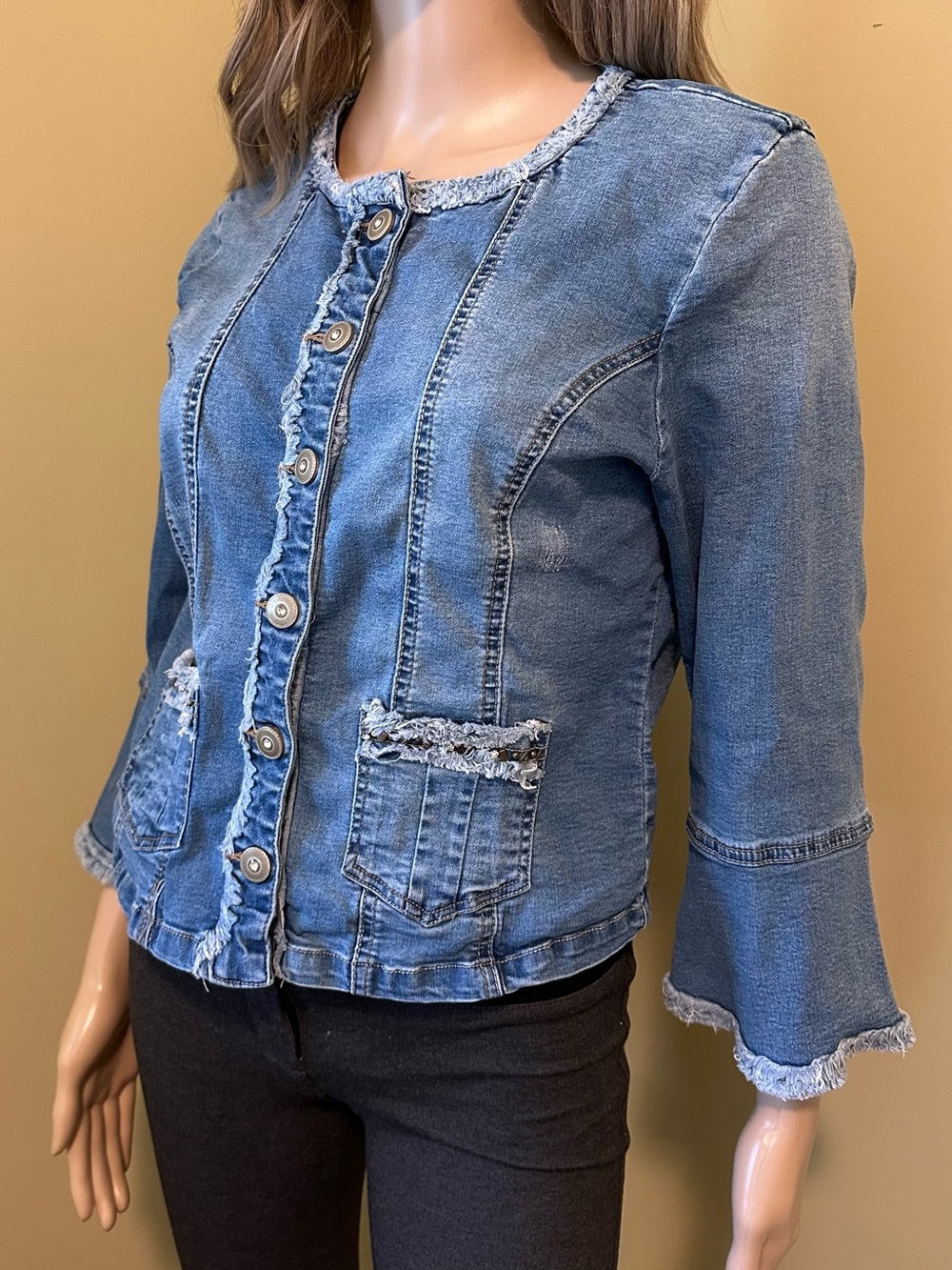 Frayed Jeweled Denim Jacket Women’s Size 40 Bell Sleeve